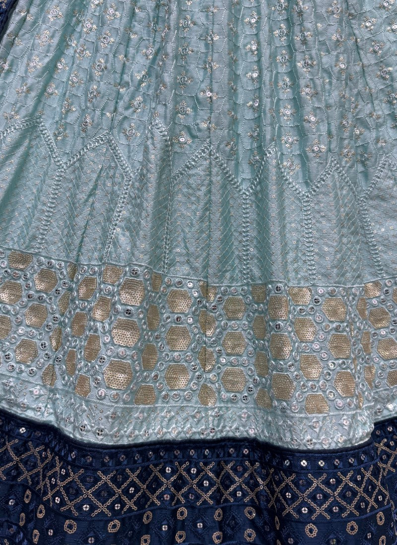 Sequin and cotton thread combine contrast matching partywear Lehengacholi in Aqua Colour