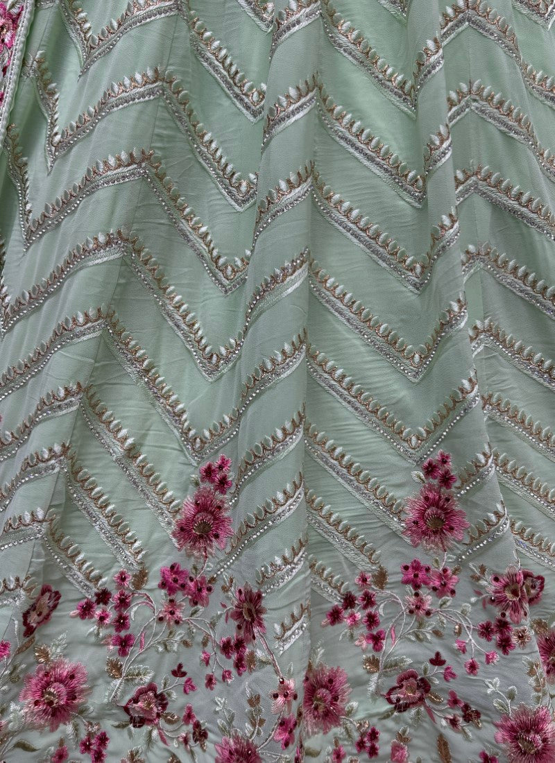 Coral shade cotton thread embroidered partywear Lehengacholi in Parrot