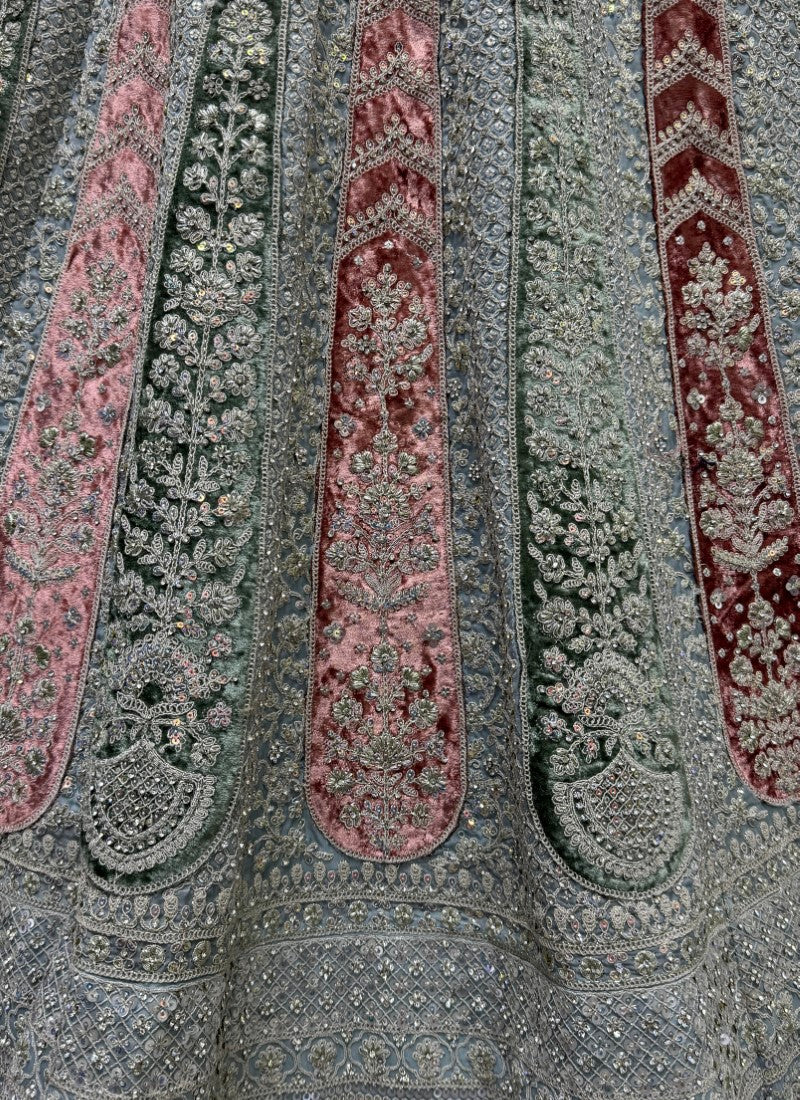 Tremendous art of work with velvet patch work on Georgette Lehengacholi in Grey Colour