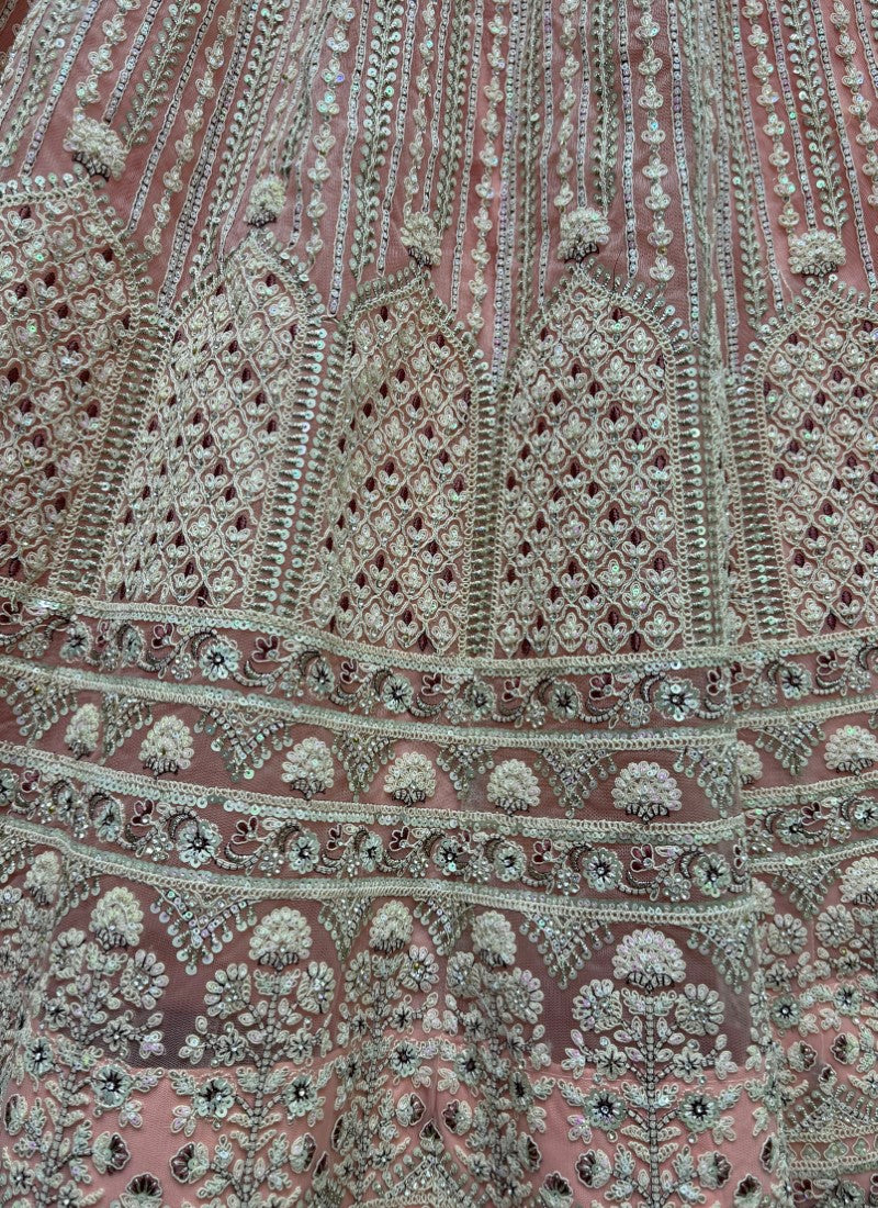 Beautiful Hanging Sequins with Dori Embroidered Partywear Lehengacholi in Peach Colour