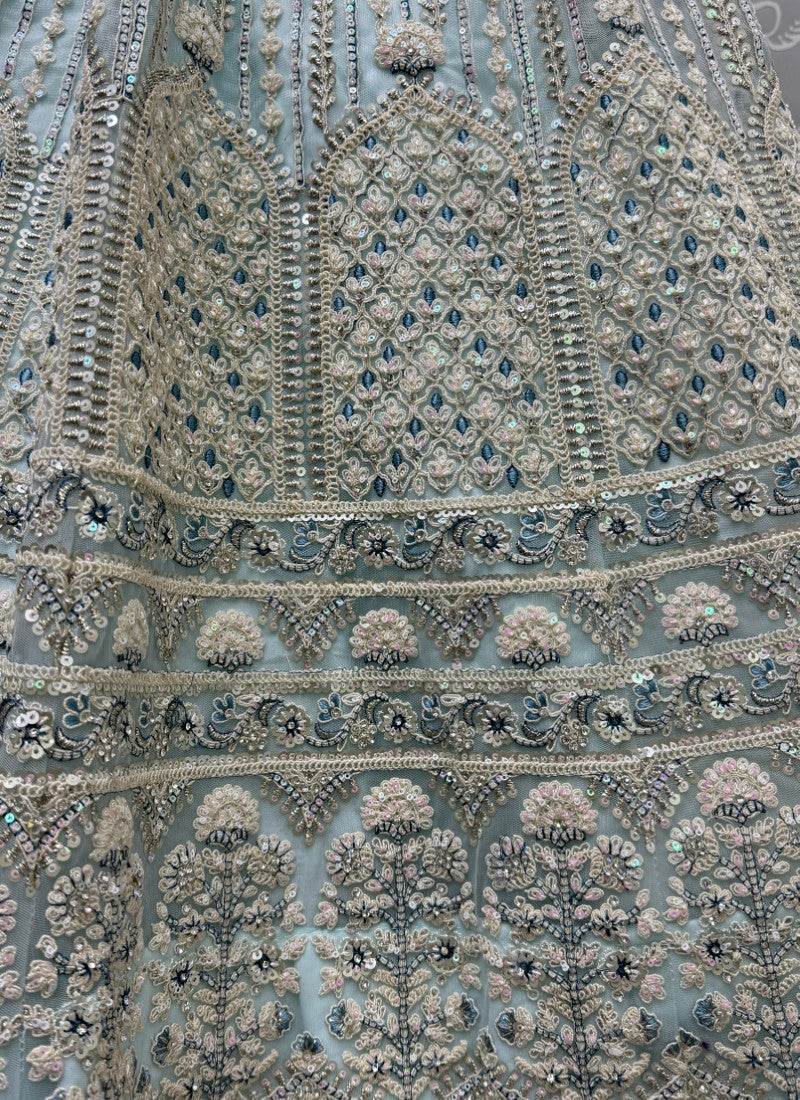 Beautiful Hanging Sequins with Dori Embroidered Partywear Lehengacholi in Sky Colour
