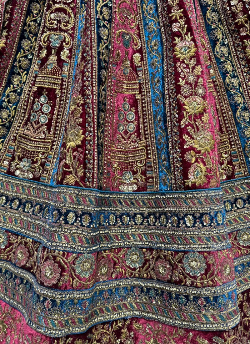 Heavy Embroidered and Multi color velvet Kali patch combine beautiful Lehengacholi in Maroon