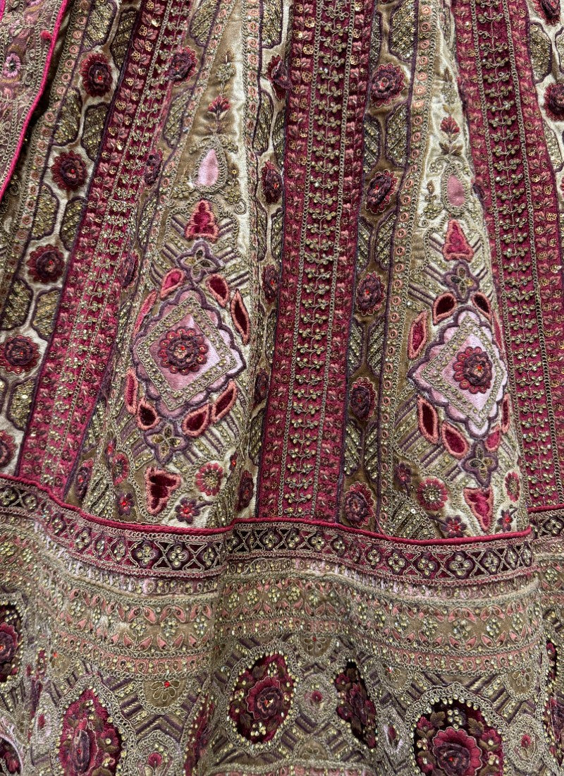 Five meter plus Flaired heavy embroidered Lehengacholi in Beige-Maroon Colour