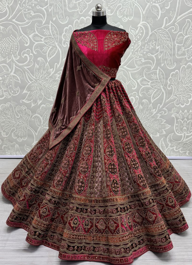 Detail Embroidered with Velvet embroidered patch work Flaired Bridal Lehengacholi in Rani Colour