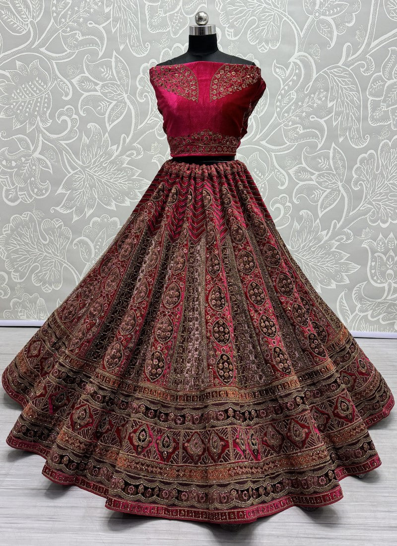 Detail Embroidered with Velvet embroidered patch work Flaired Bridal Lehengacholi in Rani Colour