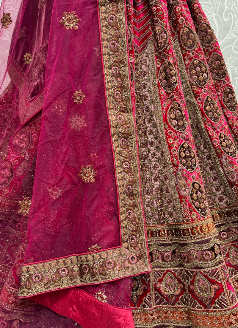 Detail Embroidered with Velvet embroidered patch work Flaired Bridal Lehengacholi in Rani Colour