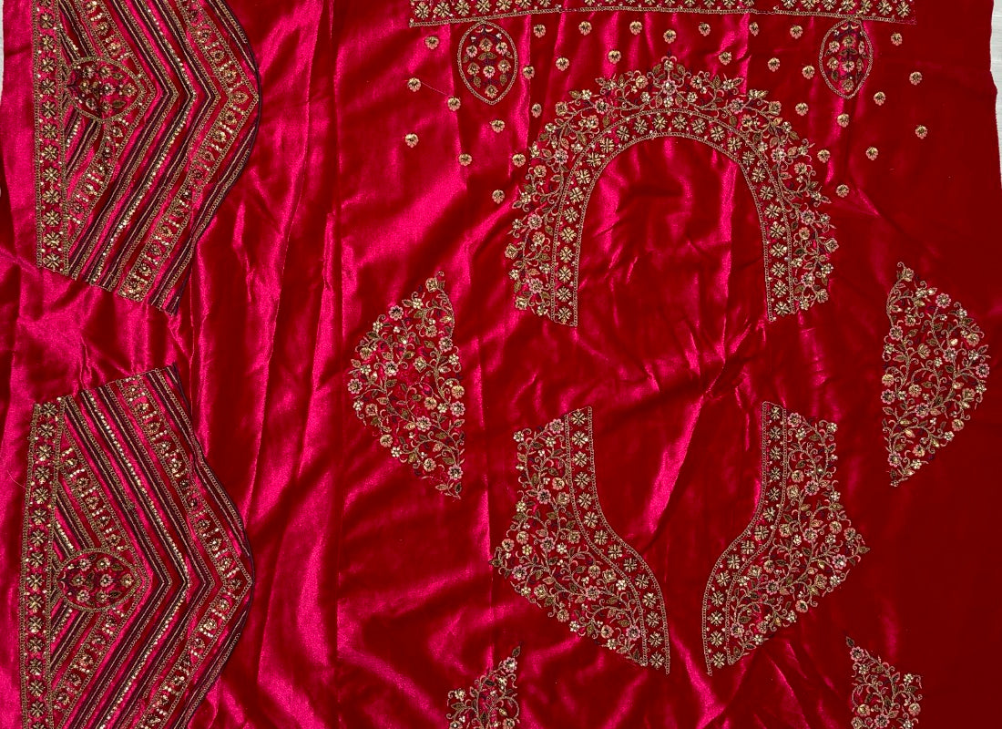 Detail Embroidered with Velvet embroidered patch work Flaired Bridal Lehengacholi in Rani Colour