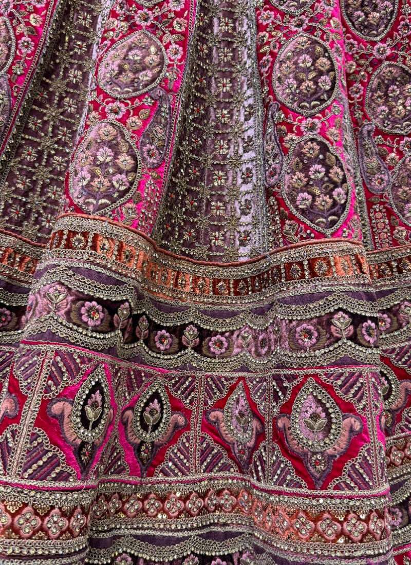Detail Embroidered with Velvet embroidered patch work Flaired Bridal Lehengacholi in Rani Colour