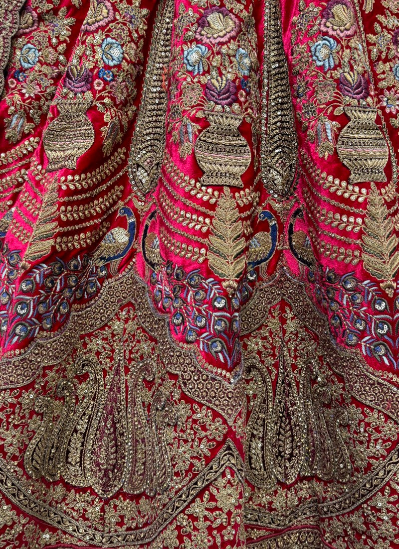 Magnificent look Embroidered contrast patch work lehenga choli in Red Colour
