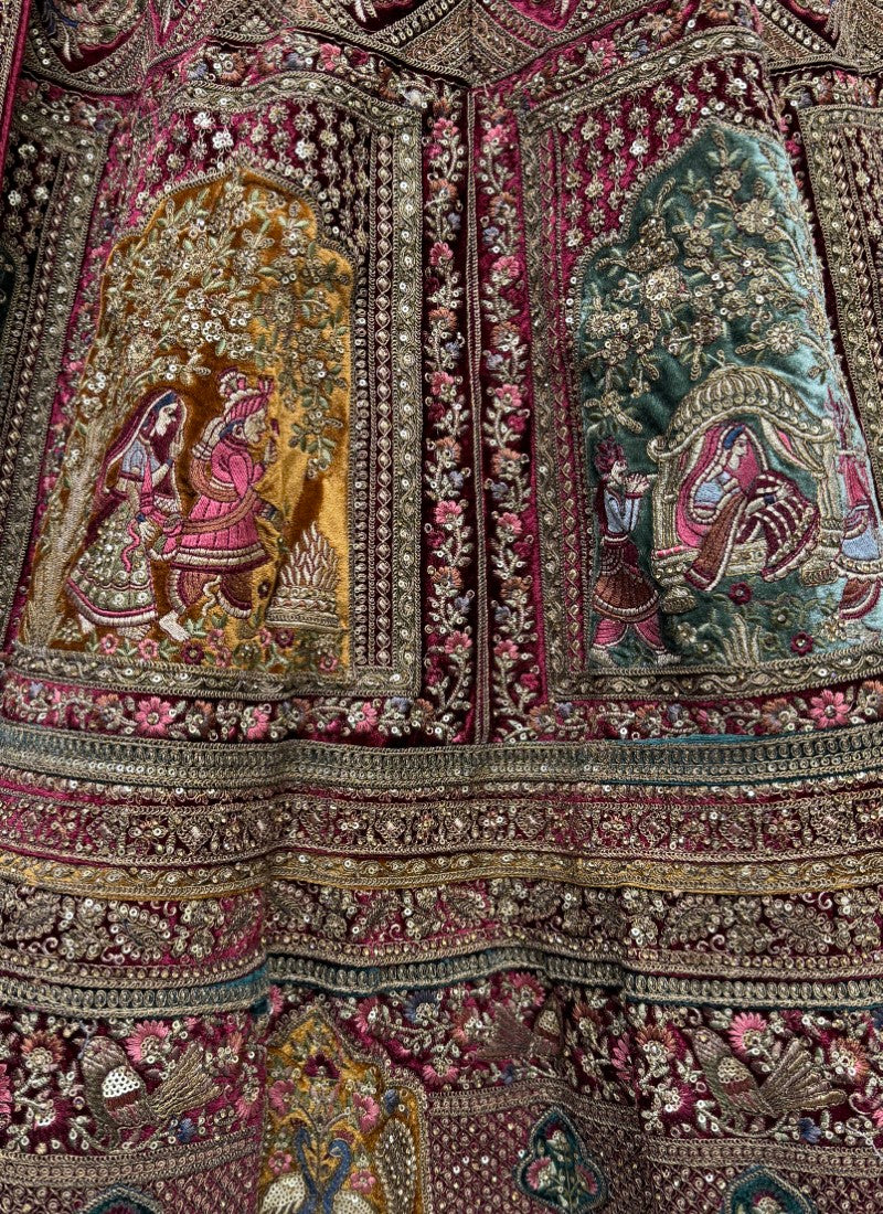 Various pattern embroidered designer velvet Lehengacholi in maroon colour