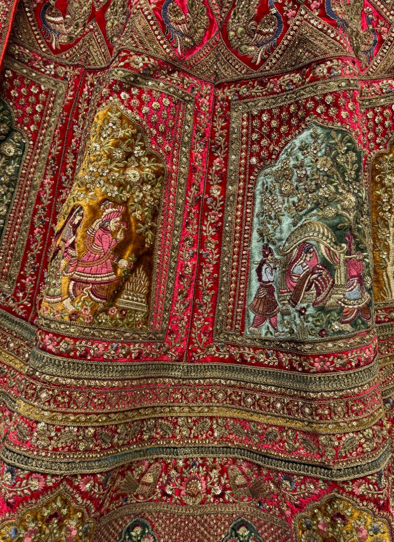 Various pattern embroidered designer velvet Lehengacholi in Red Colour