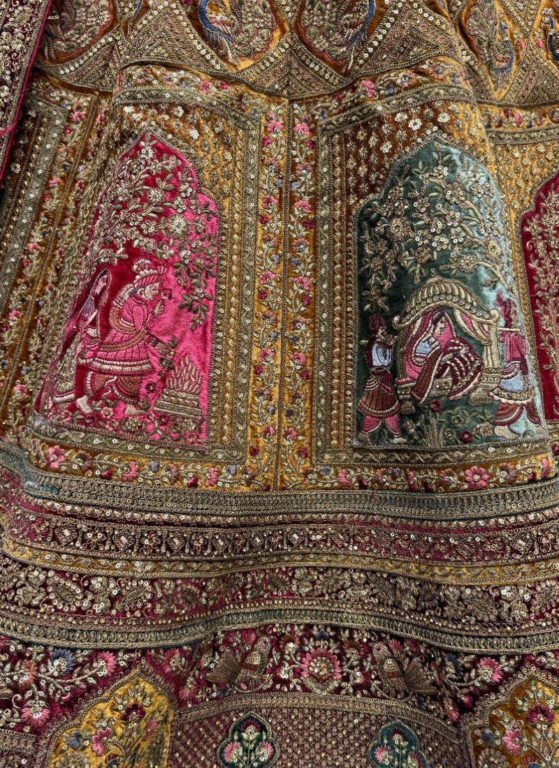 Various pattern embroidered designer velvet Lehengacholi in badami colour