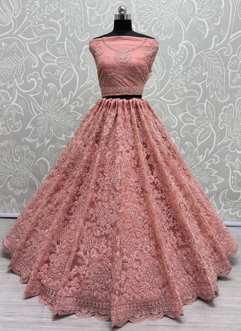 Excellent Dori work Neatly crafted Designer Partywear peach pink Lehengacholi