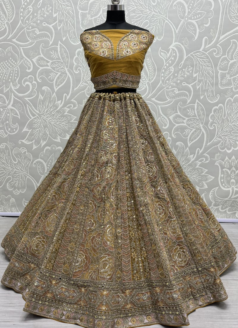 Rose Pattern perfect embroidered designer Partywear Lehengacholi in mustard colour