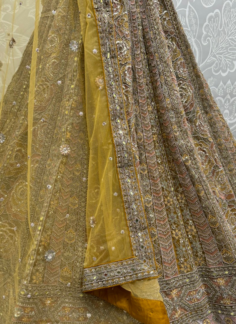 Rose Pattern perfect embroidered designer Partywear Lehengacholi in mustard colour
