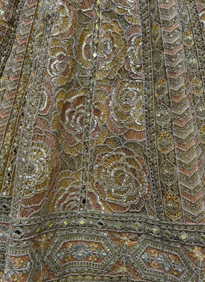 Rose Pattern perfect embroidered designer Partywear Lehengacholi in mustard colour