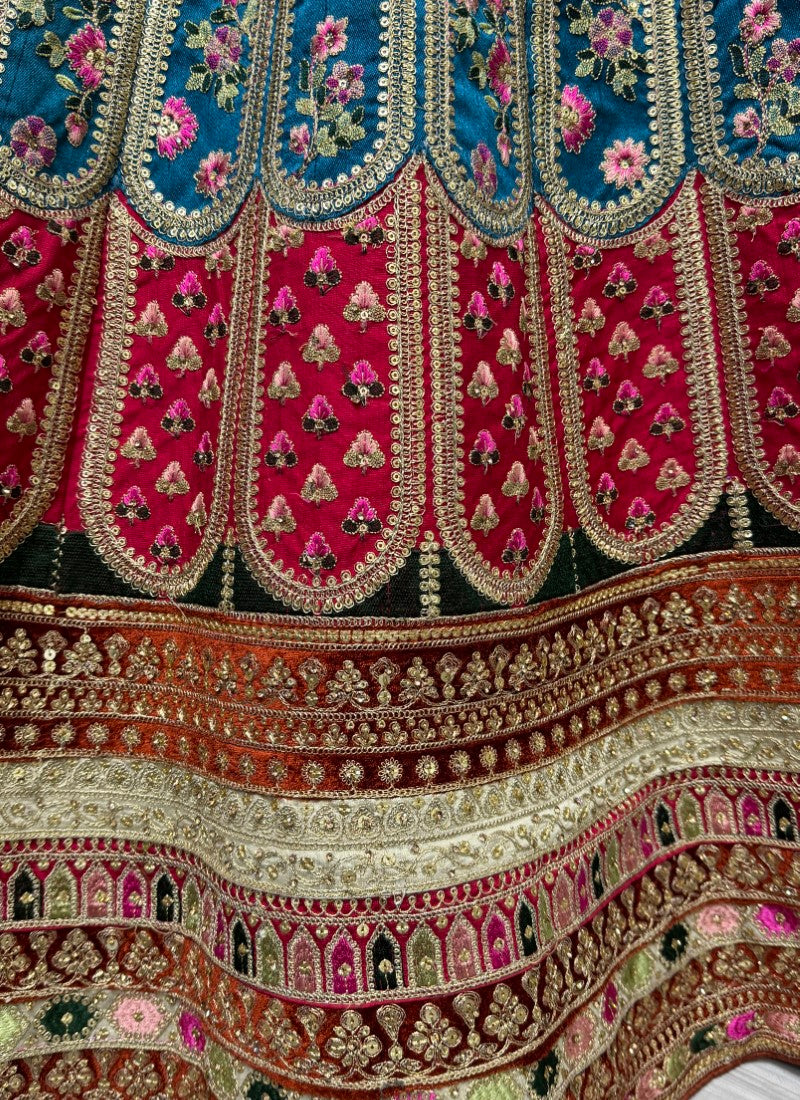 Various embroidery Lace and colourful patch work designed partywear Lehengacholi in rani colour