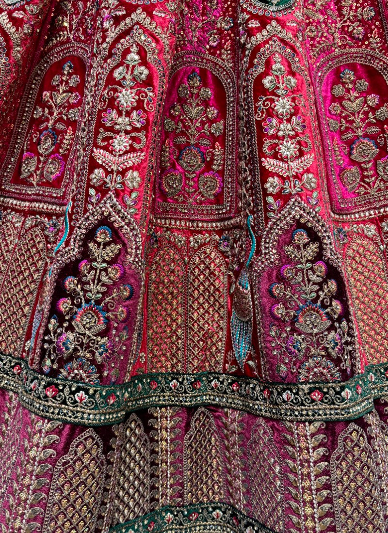 Double chunni and Various embroidery Patch work Lehengacholi in red colour