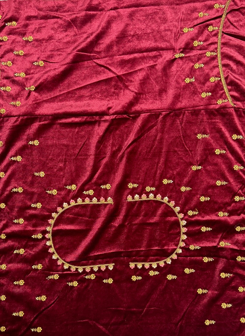 Peacock and flower pattern embroidered Velvet Lehengacholi in Rani Colour