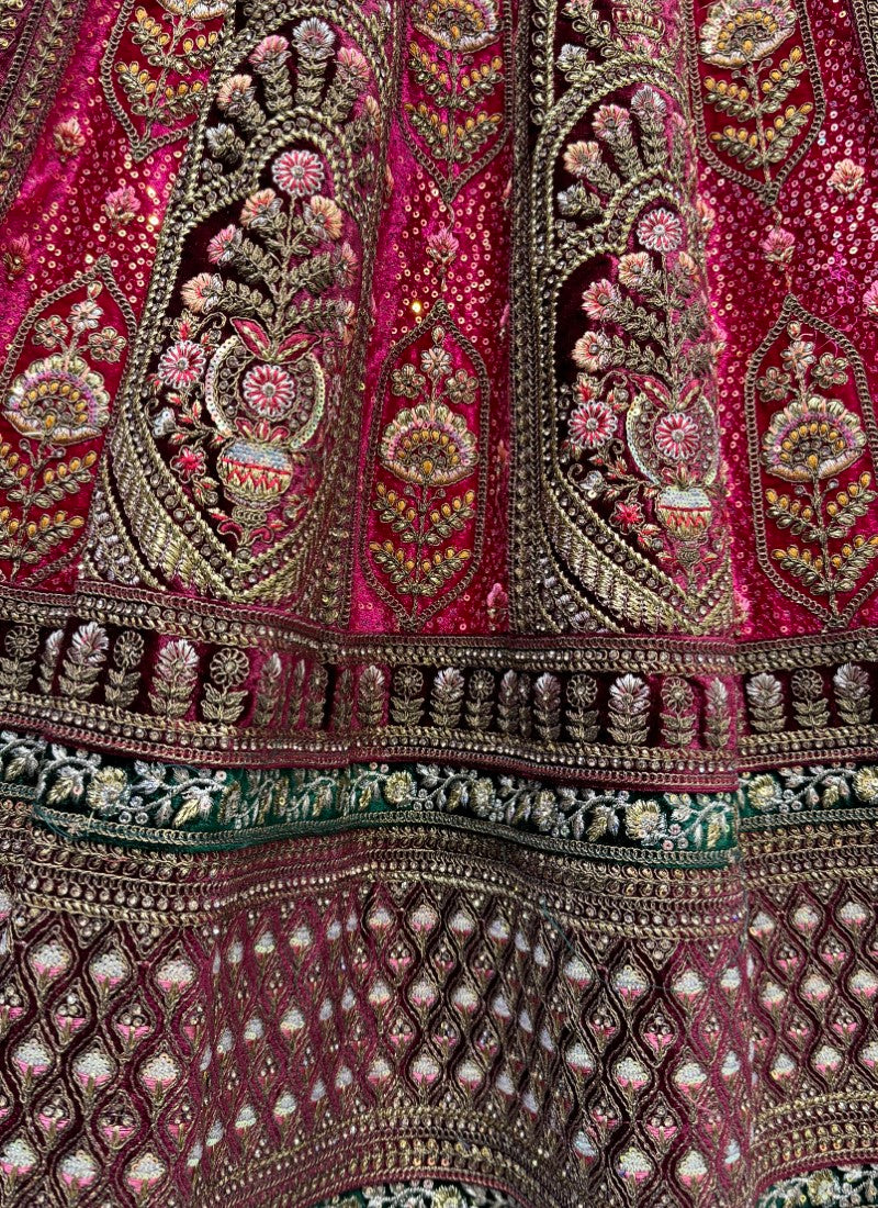 Sober Dori and Thread work combine velvet designer Lehengacholi in Rani Pink Colour