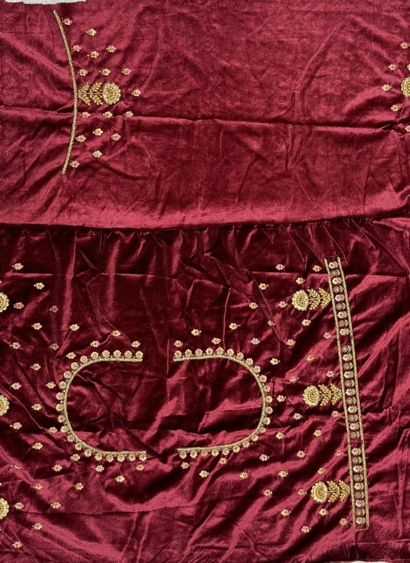 Sober Dori and Thread work combine velvet designer Lehengacholi in Mustard Colour