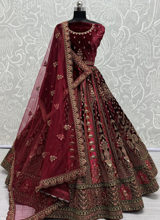 Attractive Color CombinationIn double dupatta velvet lehenga choli in Rani Pink Colour