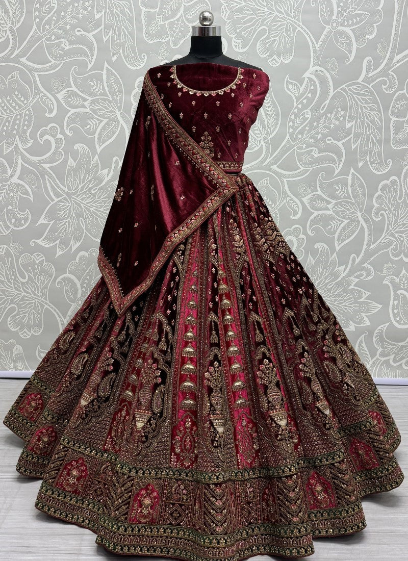 Attractive Color CombinationIn double dupatta velvet lehenga choli in Rani Pink Colour