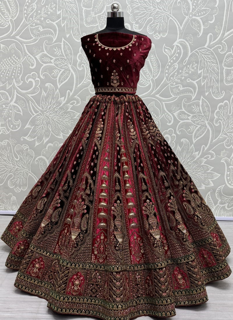 Attractive Color CombinationIn double dupatta velvet lehenga choli in Rani Pink Colour