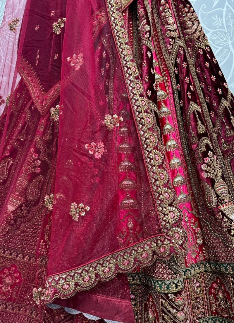 Attractive Color CombinationIn double dupatta velvet lehenga choli in Rani Pink Colour