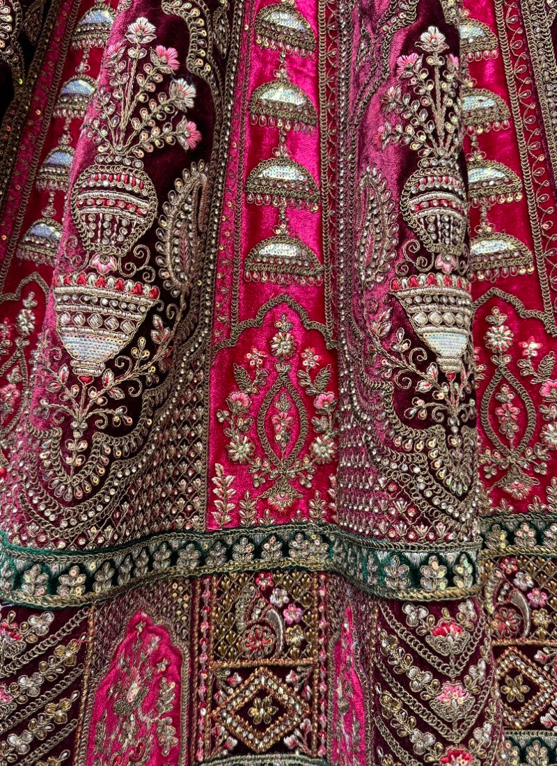 Attractive Color CombinationIn double dupatta velvet lehenga choli in Rani Pink Colour