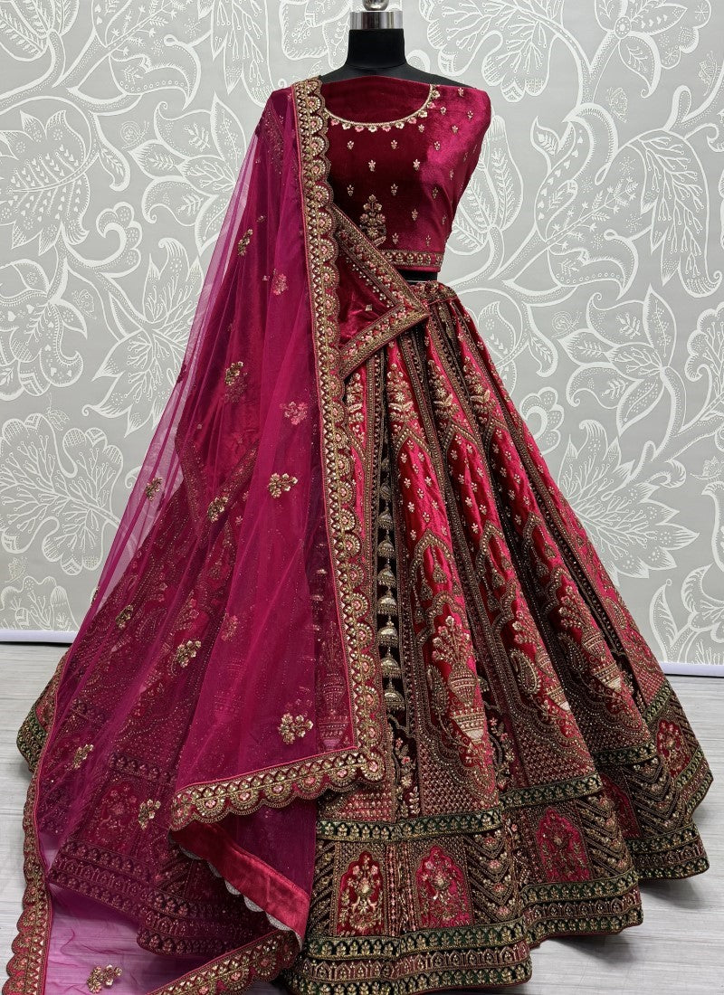 Attractive Color CombinationIn double dupatta velvet lehenga choli in Rani Pink Colour