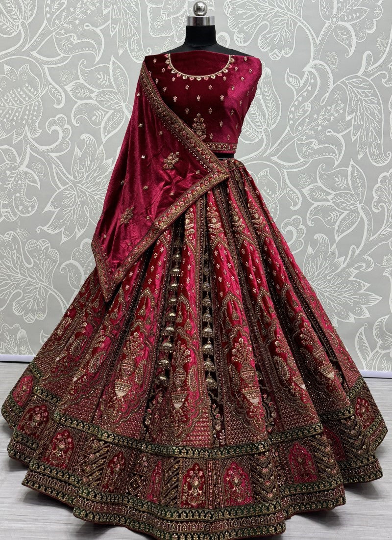 Attractive Color CombinationIn double dupatta velvet lehenga choli in Rani Pink Colour