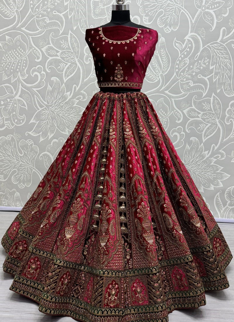 Attractive Color CombinationIn double dupatta velvet lehenga choli in Rani Pink Colour