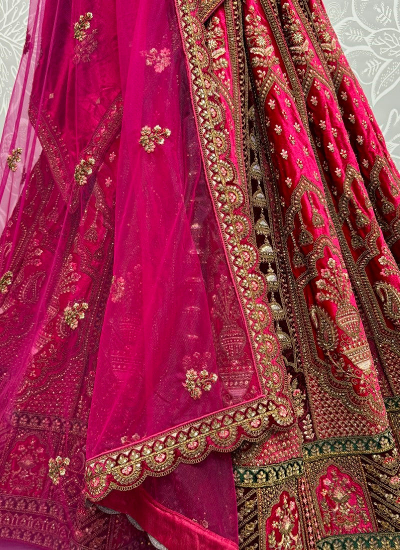 Attractive Color CombinationIn double dupatta velvet lehenga choli in Rani Pink Colour