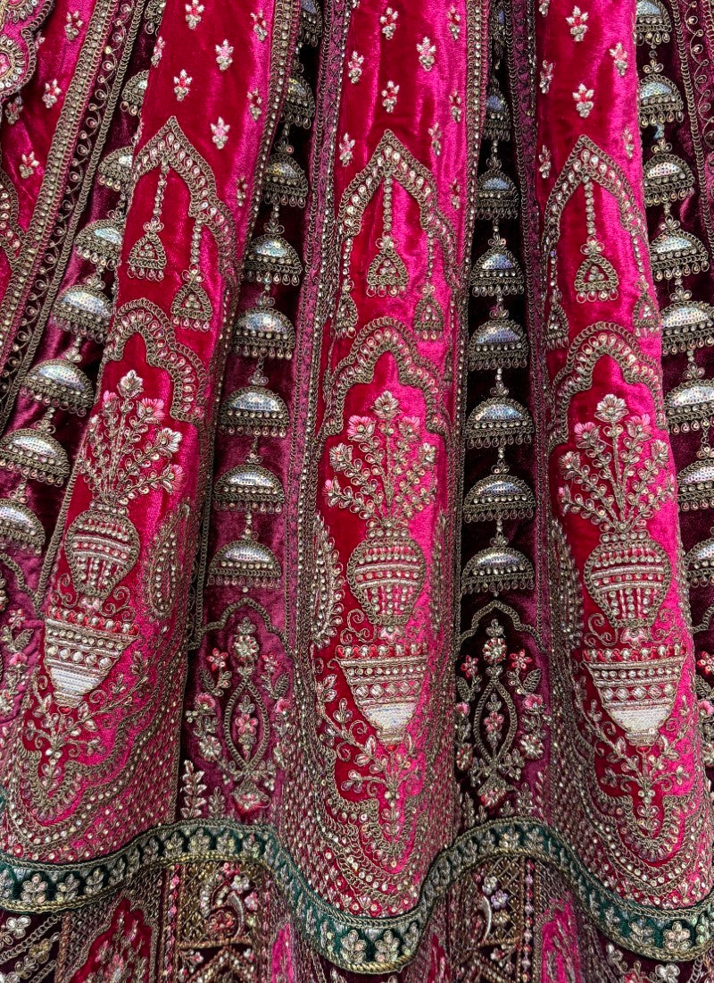 Attractive Color CombinationIn double dupatta velvet lehenga choli in Rani Pink Colour