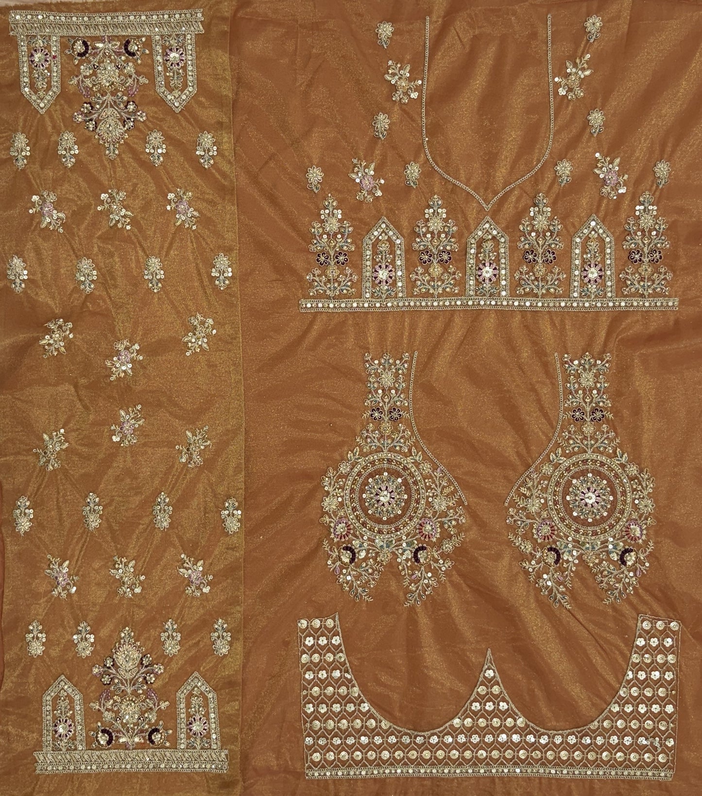 Champagne Gold Bridal Net Lehenga Choli with Fancy Zari, Multi Thread Embroidery & Zircon Diamond Work