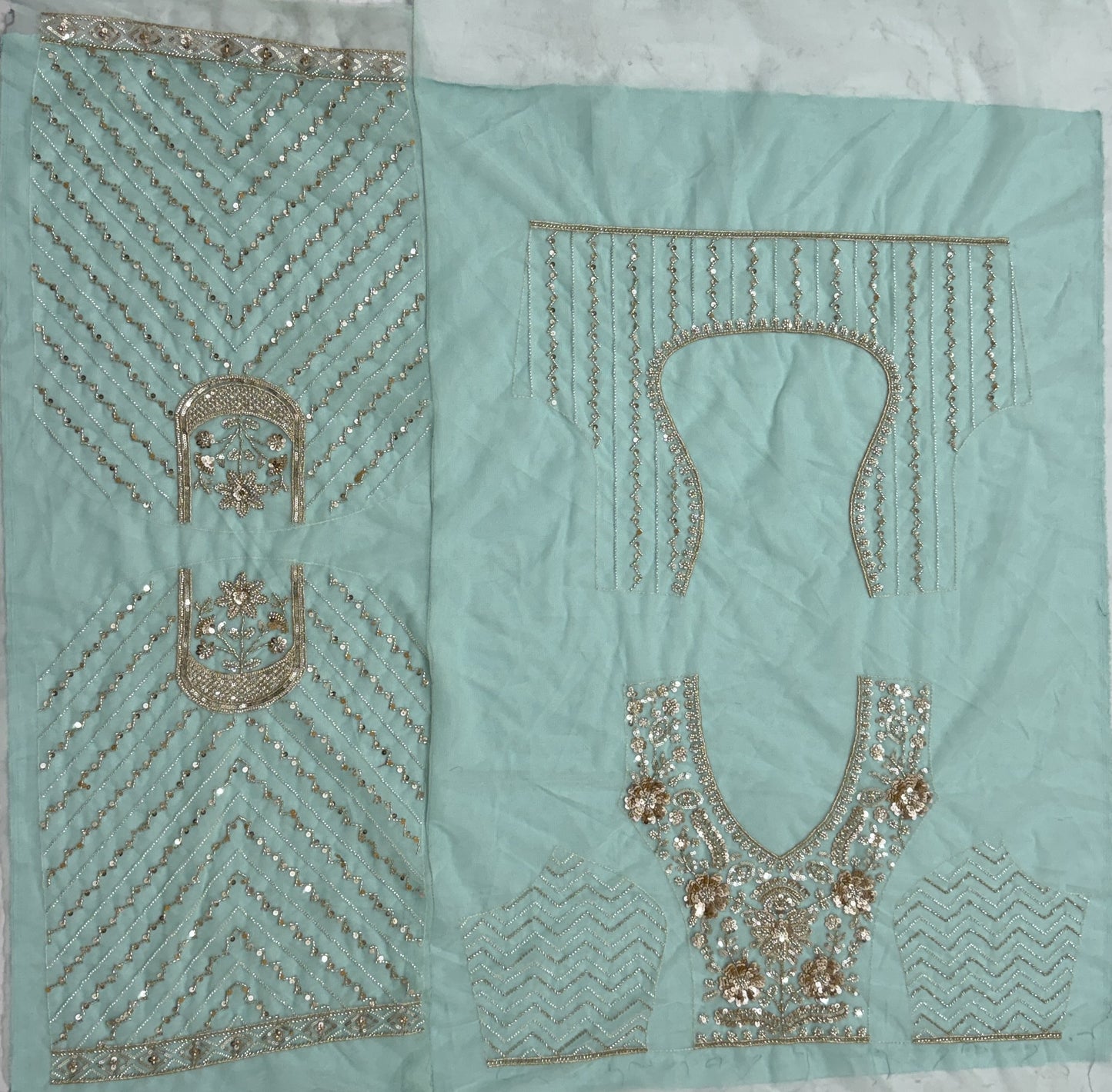 Luxury Sky Blue Bridal Net Embroidered Bridal Lehenga Choli with Unstitched Blouse & Net Dupatta