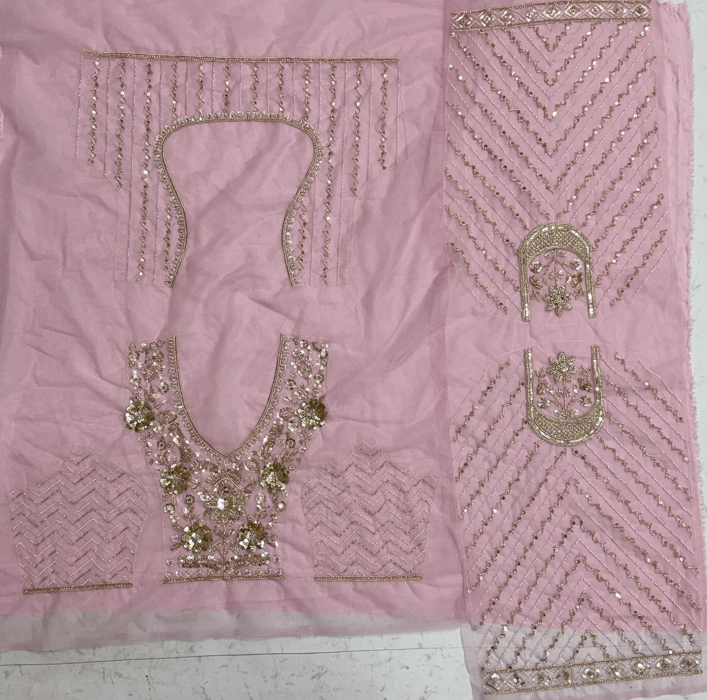 Luxury Baby Pink Bridal Net Embroidered Bridal Lehenga Choli with Unstitched Blouse & Net Dupatta