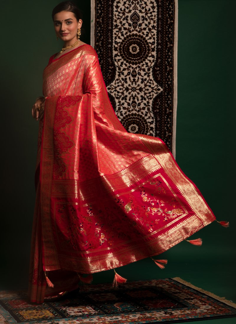 Silk Crafted with selected Zari and dhaga matching extra ordinary Silk Saree Peach