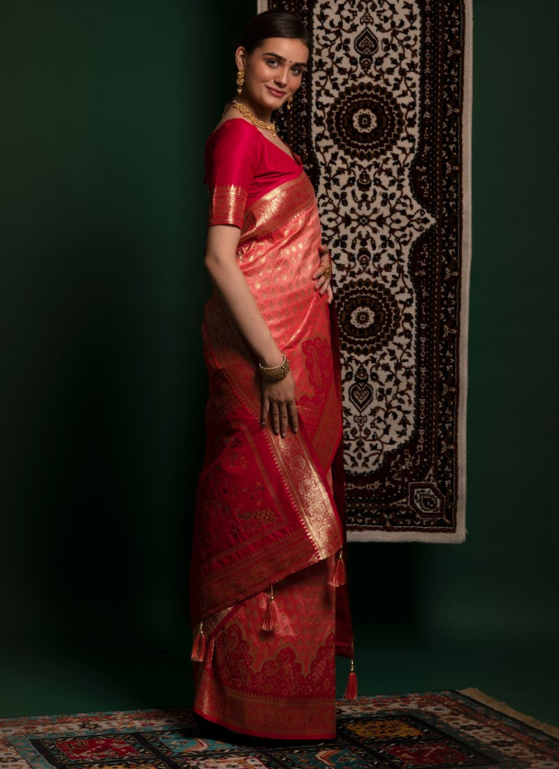 Silk Crafted with selected Zari and dhaga matching extra ordinary Silk Saree Peach