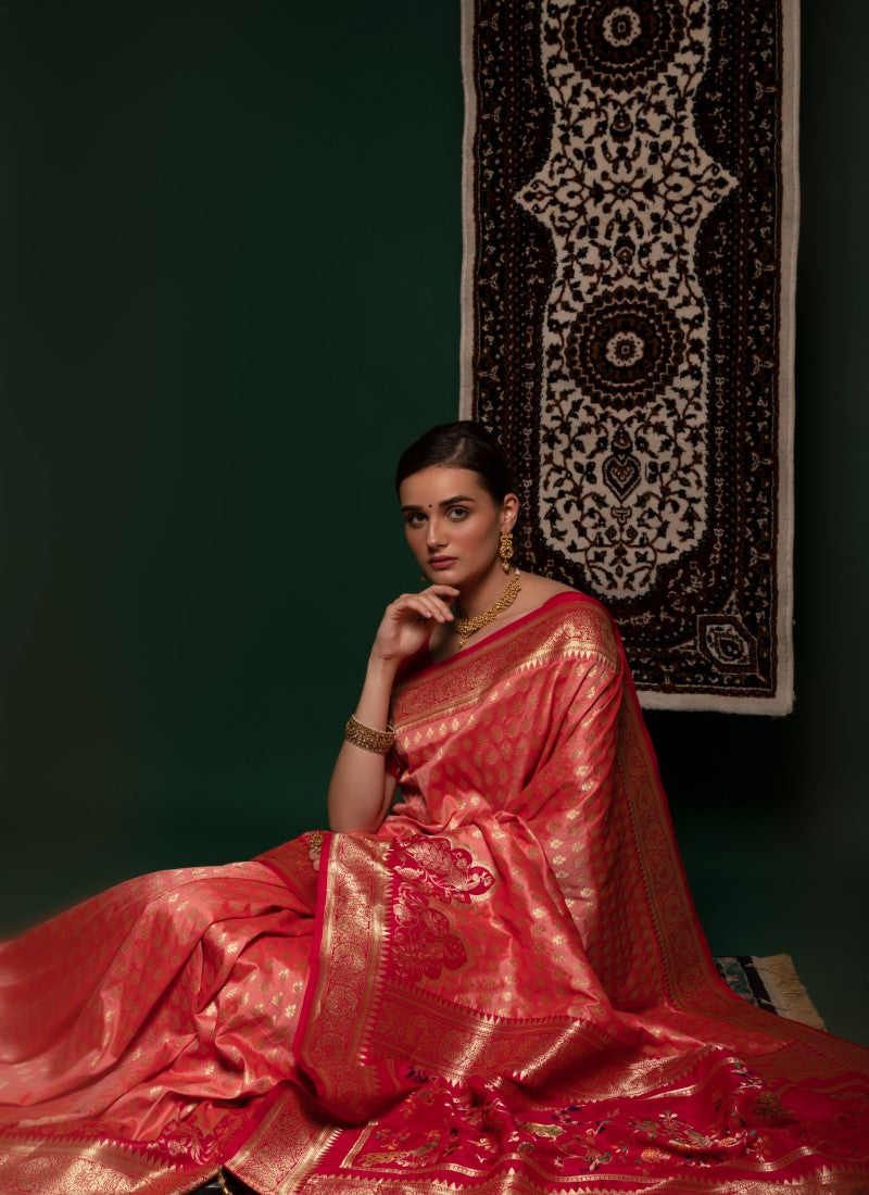 Silk Crafted with selected Zari and dhaga matching extra ordinary Silk Saree Peach