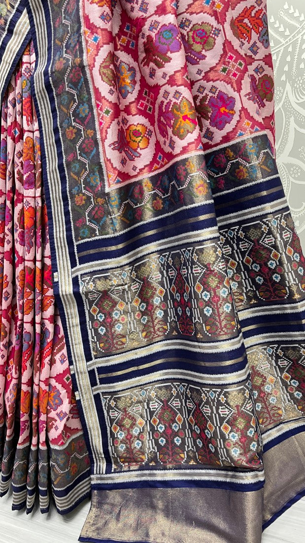 Pure Meena Silk and Dyed Silk Thread Crafted Authentic Patola Saree Pink