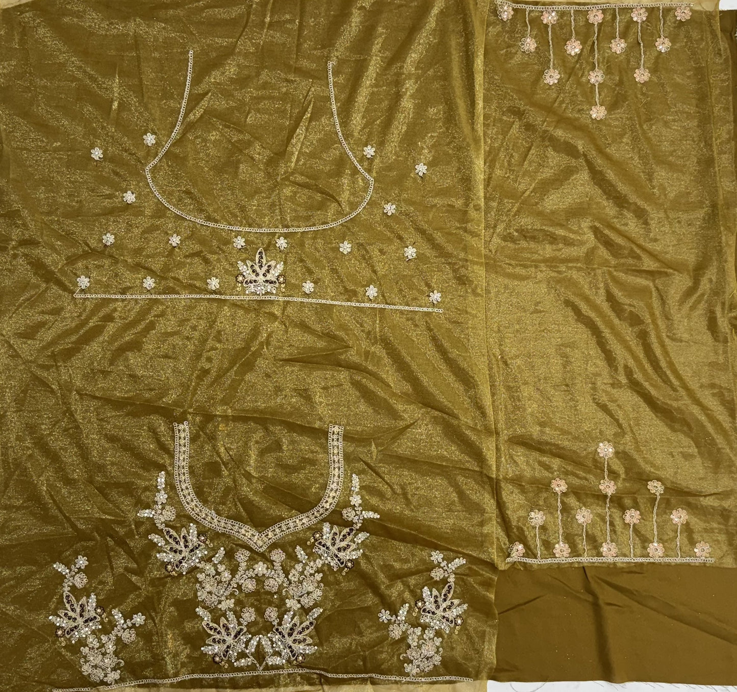 Olive Gold Bridal Net Lehenga Choli with Dori, Zari, Dabka & Zircon Diamond Work