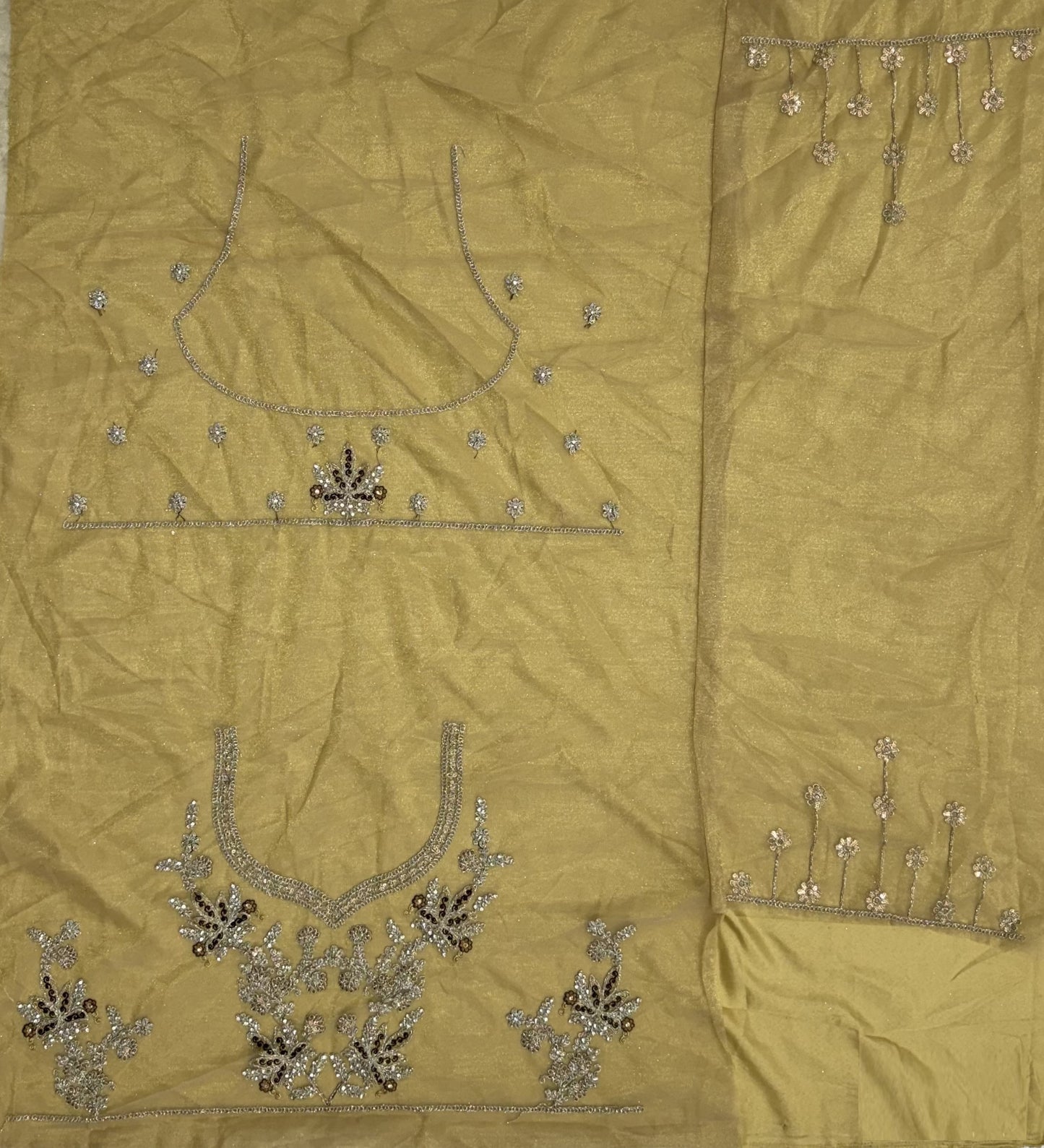 Champagne Gold Bridal Net Lehenga Choli with Dori, Zari, Dabka & Zircon Diamond Work