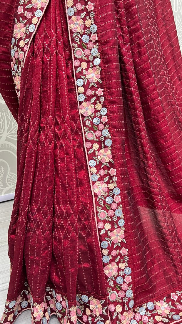 Red Silk Patola with Sequene, Thread Embroidery, Zari Work.