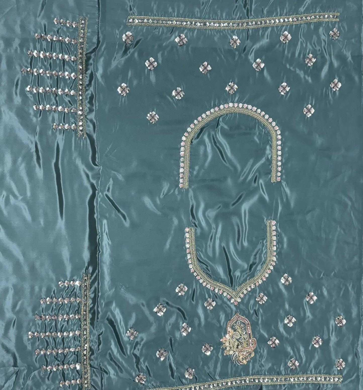 Dusty Blue Cadbury Silk Lehenga Choli with Intricate Boota Work & Scalloped Border
