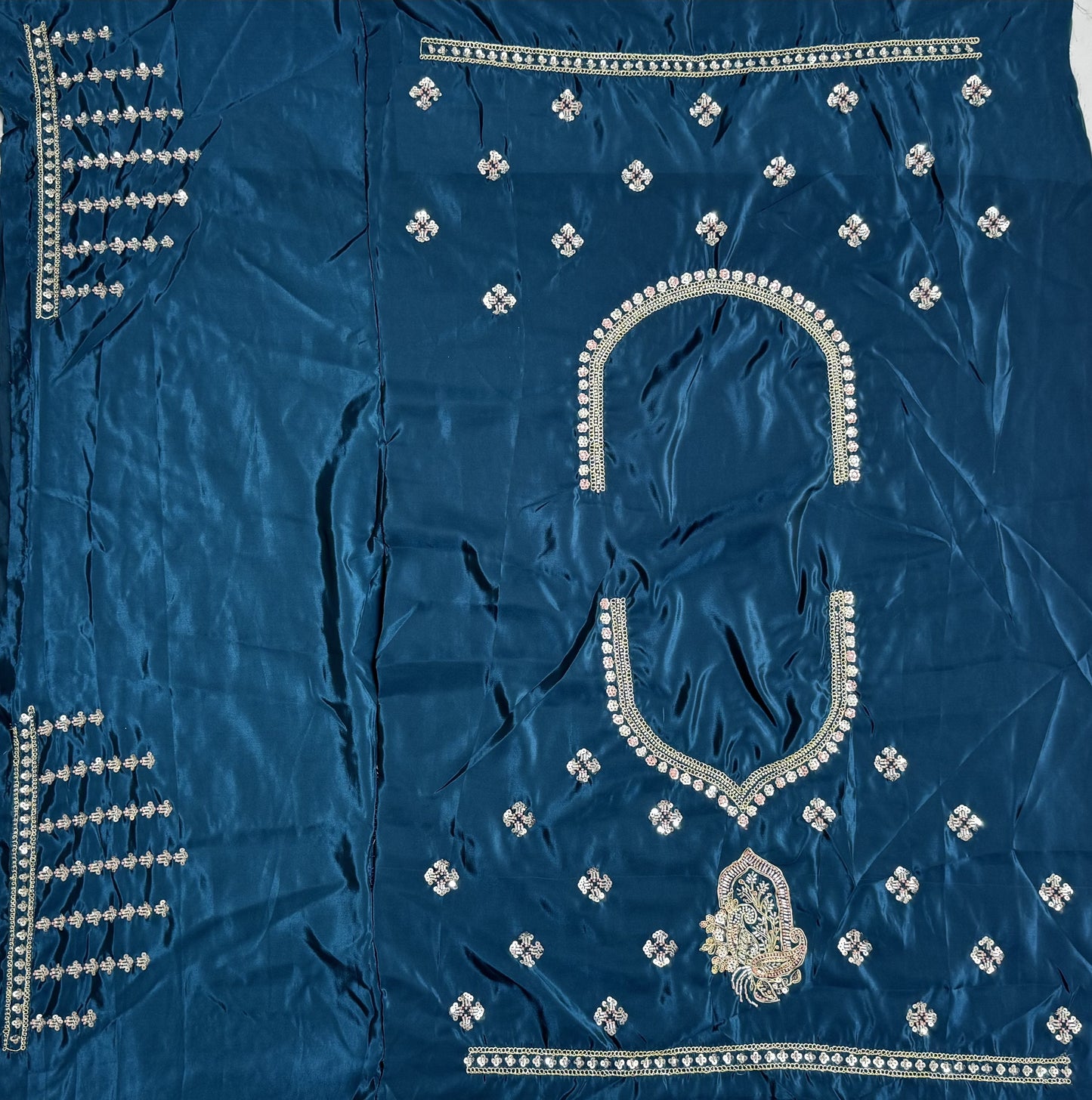 Midnight Teal Cadbury Silk Lehenga Choli with Intricate Boota Embroidery & Scalloped Border
