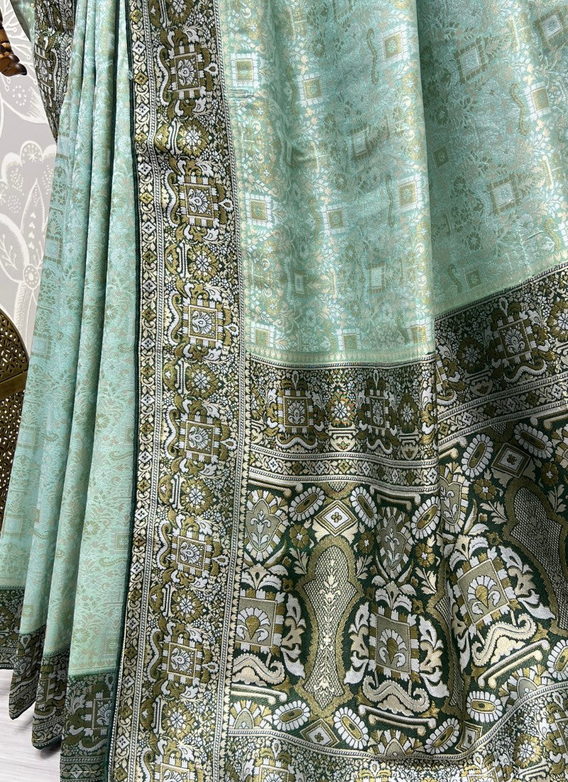 Lite Aqua Smooth Jecquard silk weaving in different Zari silk Saree with blouse