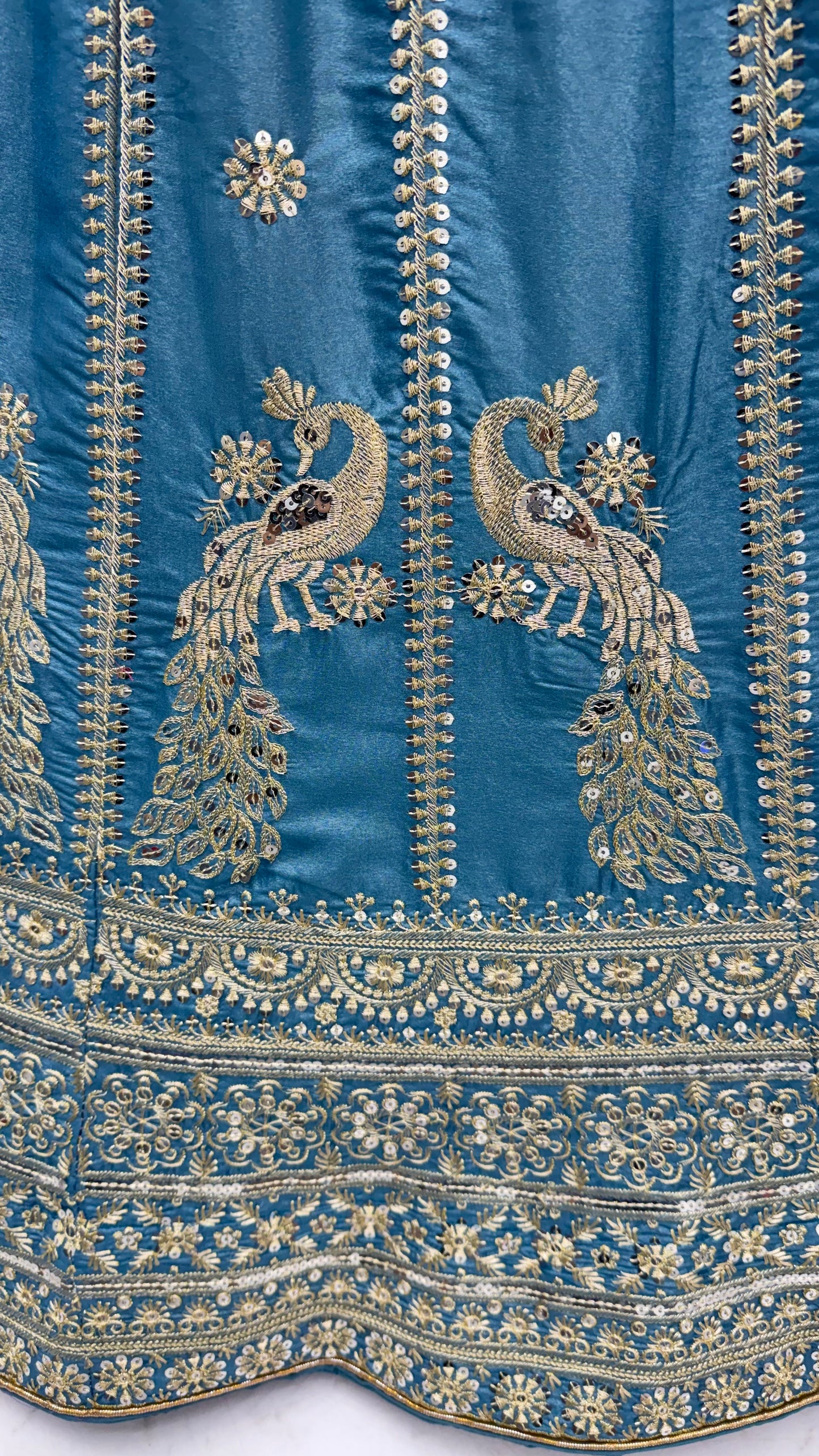 Dusty Blue Peacock Embroidered Silk Lehenga Choli with Soft Net Dupatta
