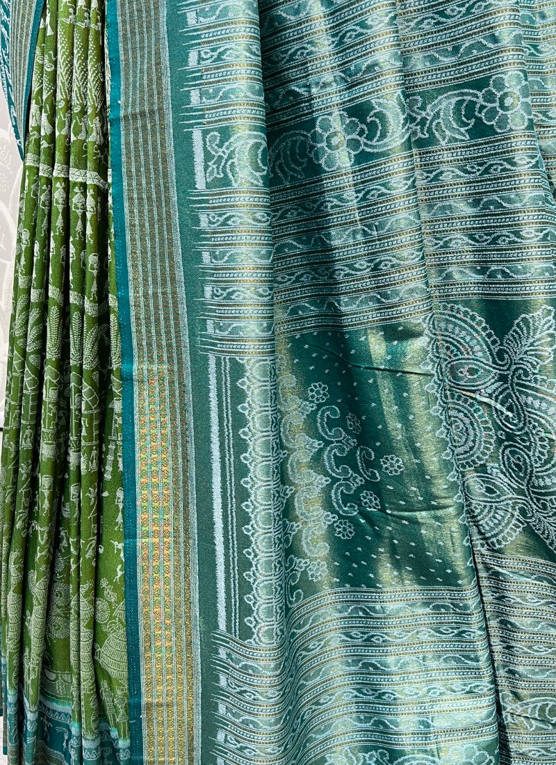 Pure base fabric handcrafted designer silk saree Green-Blue